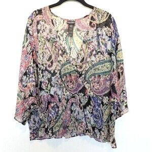 Bisou Bisou Michelle Bohbot Blouse Womens Size XL Multicolor Smocked Sheer‎ Top